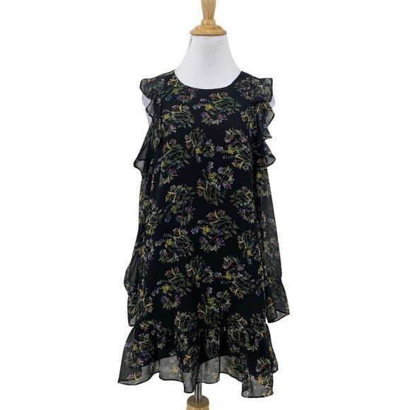 BCBGeneration Cold Shoulder Dress Womens XXS 2XS Floral Ruffle Lined Keyhole - Picture 1 of 15